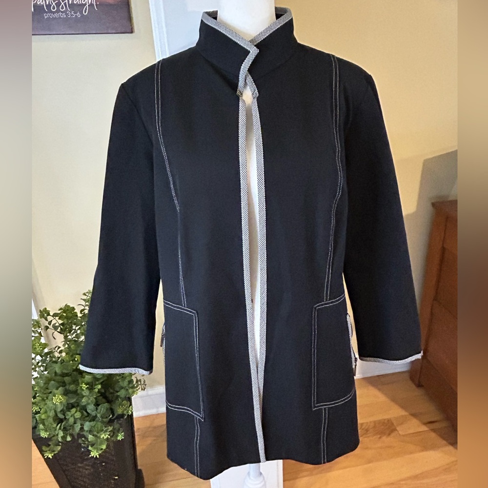 Ming Wang Black Gingham Contrast Trim & Stitch Zip Pocket Blazer M